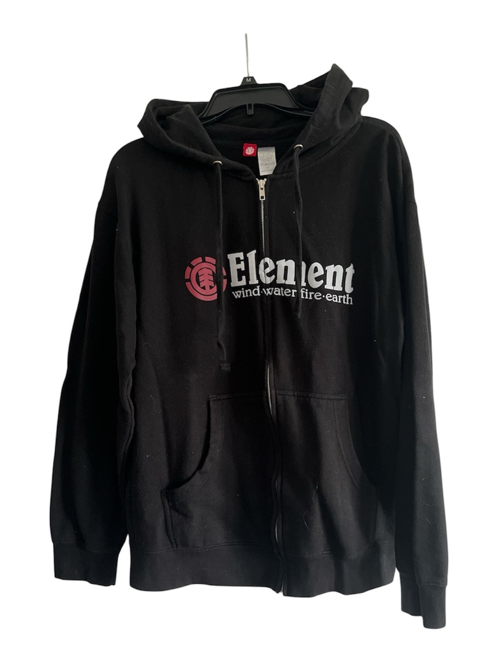 Element Black Zip-Up Hoodie with White Logo and Red Emblem